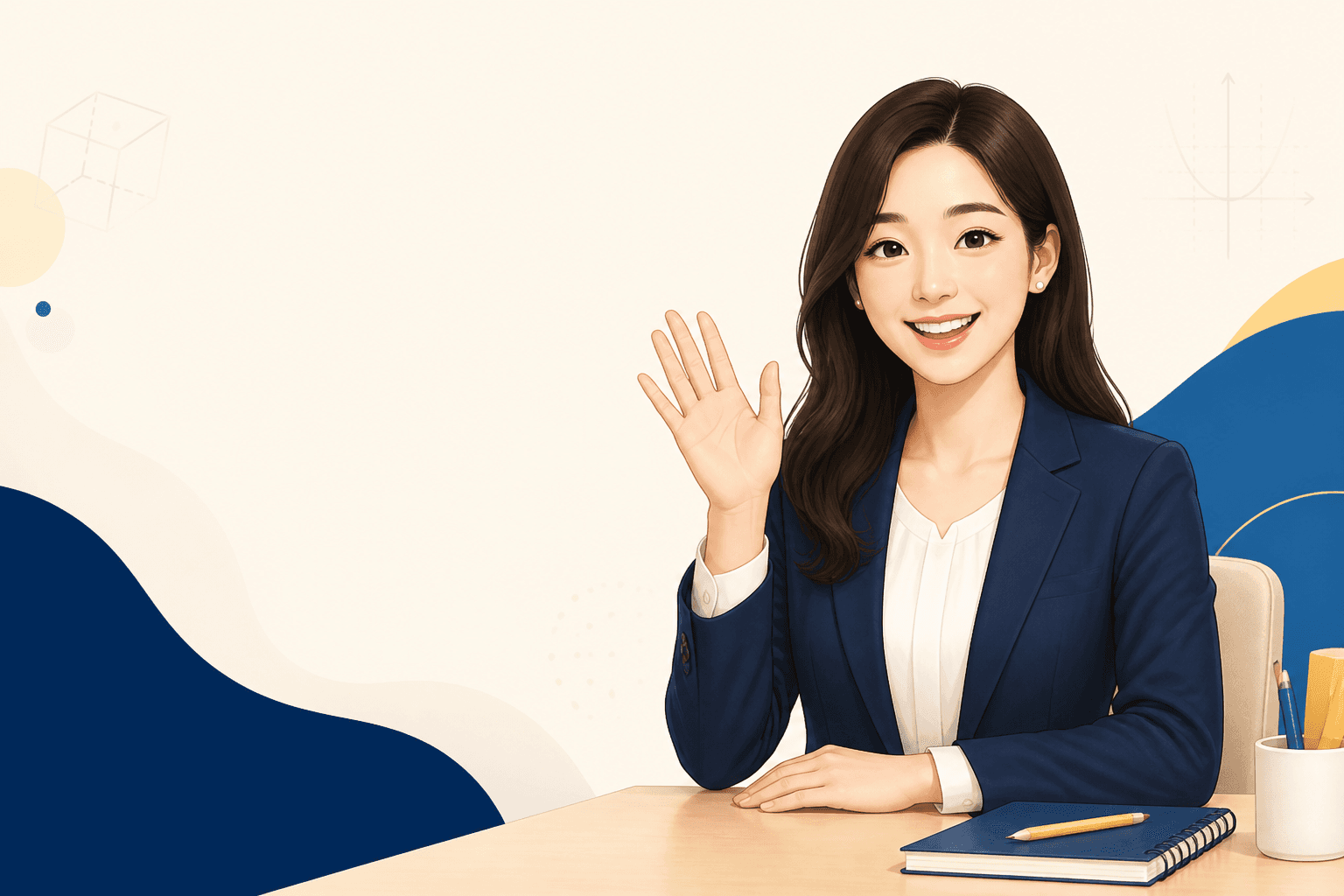 밝게 손을 흔들며 인사하는 솔수학 상담 선생님 일러스트